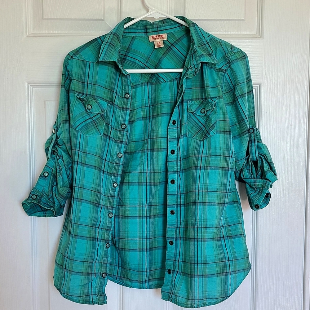 Mossimo Supply Co. Aqua/Green Plaid Cotten Button-Up Shirt Size Small Womens - Picture 2 of 7